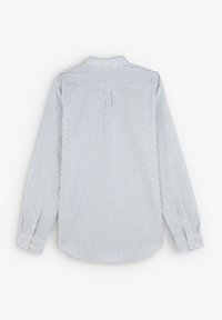 Camicia a maniche lunghe a righe verticali blu e bianche, con colletto, polsini a bottoni e dettaglio della piega sul retro. Tessuto dalla texture liscia.