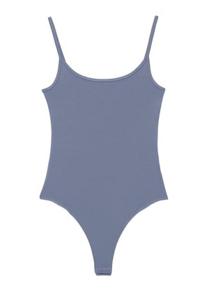 Blågrå ærmeløs bodysuit med tynde skulderstropper og rund udskæring, designet til et tætsiddende look.