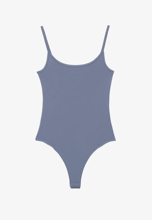 Blauwgrijze mouwloze body met dunne schouderbandjes en een ronde halslijn, ontworpen voor een aansluitende pasvorm.