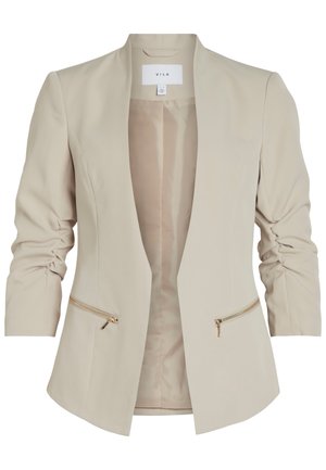 Beige lett blazer med trekvartlange ermer, åpen front og to glidelåslommer foran med gullfargede detaljer. Glatt tekstur.