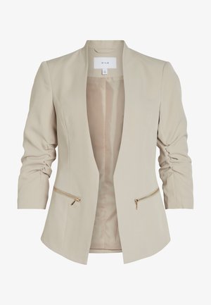 Beige lightweight blazer with three-quarter sleeves, open front, and two zippered front pockets accented with gold hardware. Smooth texture.