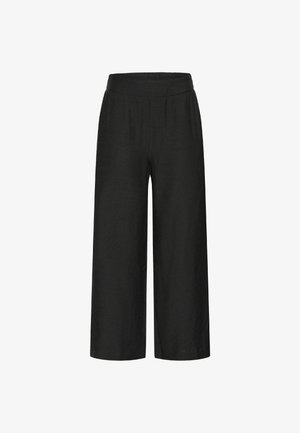 Melnas atgriezta platā stila bikses ar elastīgu jostu. Izgatavotas no viegla auduma ar smalku tekstūru, piemērotas ikdienas valkāšanai.