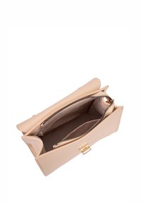Borsa a mano in pelle beige chiaro con zip e accessori in oro, dotata di un ampio interno e due scomparti per l'organizzazione.