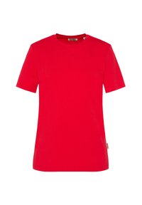 Red cotton t-shirt with short sleeves, a round neckline, and a straight hem. Minimalistic design, no prominent patterns or hardware.
