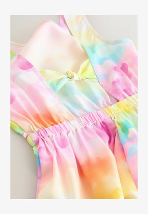 Barvita obleka brez rokavov z zavezovanjem spredaj, z gradientom pastelnih odtenkov rožnate, oranžne, rumene in modre barve.