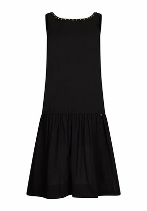 Sleeveless black dress with a round neckline adorned with small silver studs and a gathered skirt at mid-length.