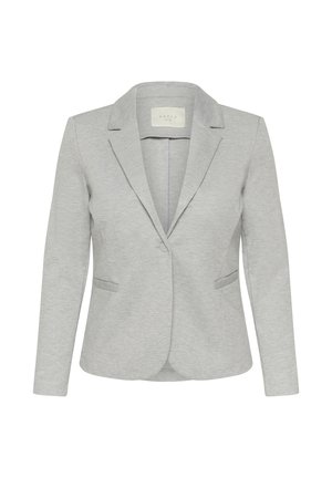 Sacou gri cu rever tip notch, închidere cu un singur nasture, două buzunare frontale și un material neted, texturat. Design simplu, ajustat.