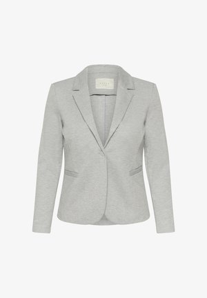 Pelēks žakets ar izgrieztu apkakli, vienu pogu, divām priekšējām kabatām un gludu, teksturētu audumu. Vienkāršs, pielāgots dizains.