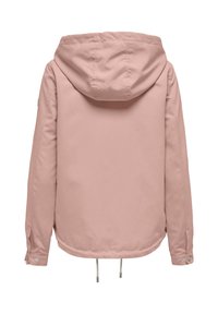 Veste à capuche rose clair avec manches longues, poignets boutonnés et cordons ajustables à l'ourlet, vue de dos.