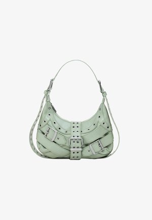 Mint green leather handbag with silver hardware, buckle accents, and perforated designs. Features a single shoulder strap and a curved shape.
