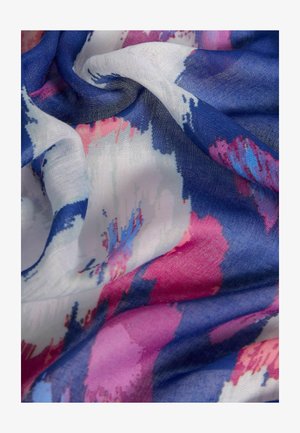 Sciarpa colorata realizzata in un tessuto morbido e leggero, nelle tonalità di blu, rosa e bianco, con un motivo floreale sfocato.