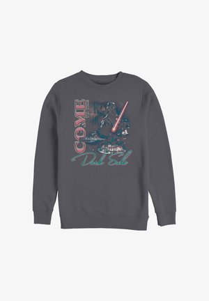 Sweat-shirt gris foncé avec Dark Vador tenant un sabre laser rouge et le texte « Viens du côté obscur » en polices mélangées.