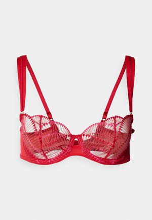 Roter Spitzen-BH mit gewelltem Spitzen-Cups, transparentem Mesh-Detail und verstellbaren Satin-Trägern. Weicher Unterbrustband für zusätzlichen Komfort.