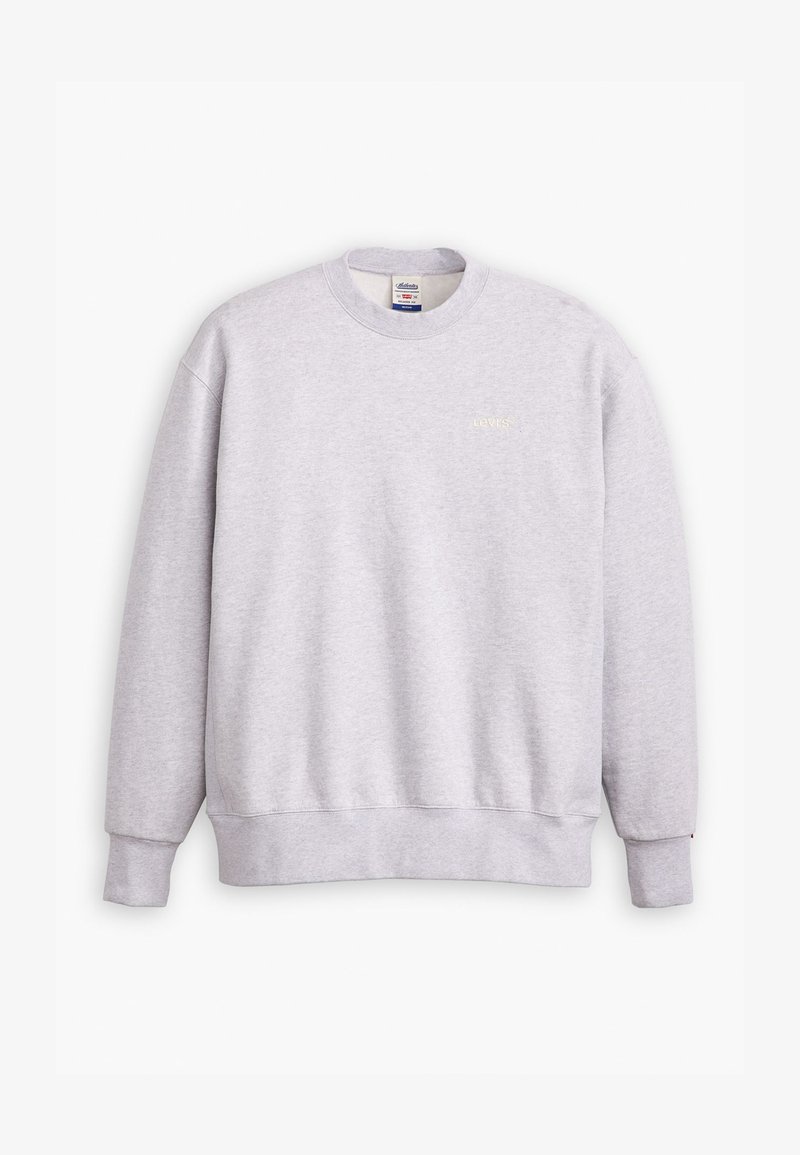 Sweatshirt gris à col rond, à manches longues, avec des poignets et un ourlet côtelés. Présente un petit logo "Levi's" en jaune clair sur le devant.