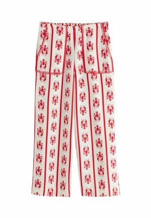 Pantaloni bianchi con stampa di aragoste rosse e strisce verticali rosse, dotati di due tasche frontali e un design ampio e rilassato a gamba larga.