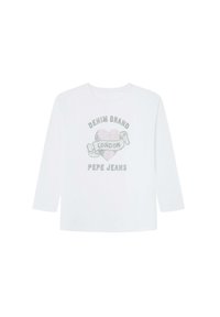 Valkoinen pitkähihaisuus t-paita, jossa on kimalteleva graafinen painatus, jossa lukee "DENIM BRAND LONDON" sydän- ja nauha-kuvion kanssa.