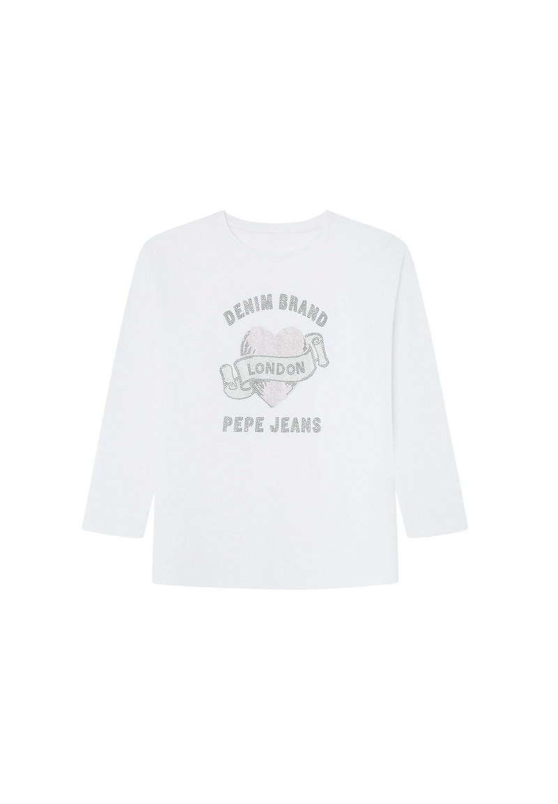 Valkoinen pitkähihaisuus t-paita, jossa on kimalteleva graafinen painatus, jossa lukee "DENIM BRAND LONDON" sydän- ja nauha-kuvion kanssa.