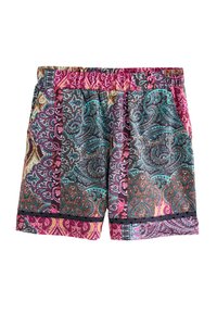 Multikleurige korte broeken met een paisleypatroon in paars, teal en oranje. Elastische tailleband met zwarte afwerking aan de zoom.