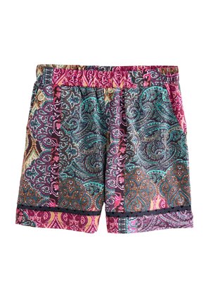 Shorts multicolores à motif paisley dans des tons de violet, turquoise et orange. Taille élastique avec une finition noire à l'ourlet.