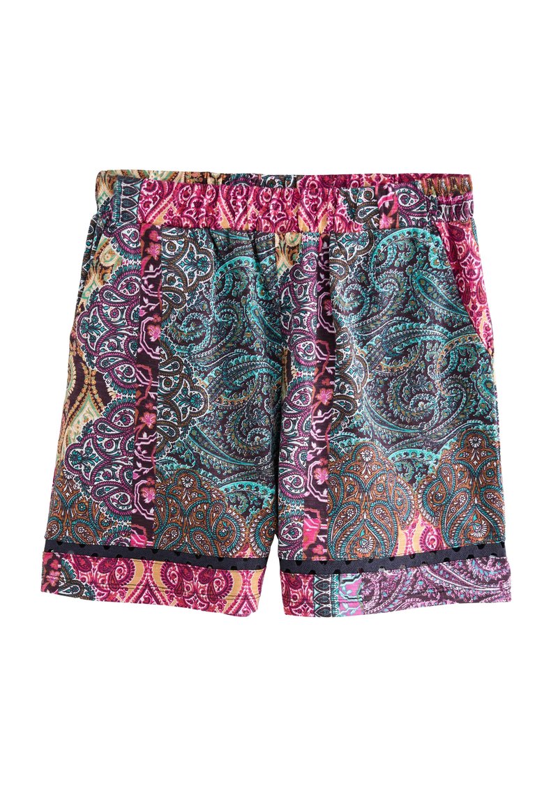 Multikleurige korte broeken met een paisleypatroon in paars, teal en oranje. Elastische tailleband met zwarte afwerking aan de zoom.