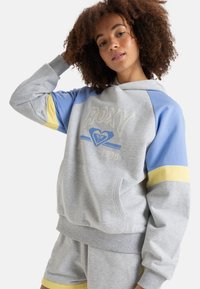Light gray hoodie with blue and yellow accents, featuring a front pocket and “ROXY” logo design. Soft fabric with ribbed cuffs and hem.