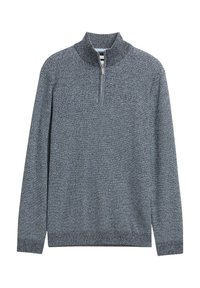 Pull en tricot gris avec un col haut, doté d'une fermeture éclair quart. La texture est douce avec un motif chiné subtil sur l'ensemble.