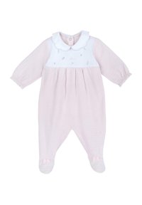 Romper rosa per bambini realizzato in tessuto morbido con colletto bianco. Presenta dettagli ricamati e piccoli fiocchi sui piedi. Maniche lunghe e vestibilità aderente.