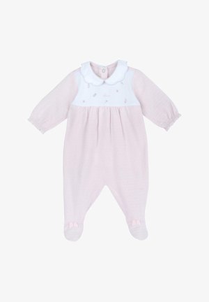 Romper de bebé rosa hecho de una tela suave con un collar blanco. Presenta detalles bordados y pequeños lazos en los pies. Mangas largas y ajuste ceñido.