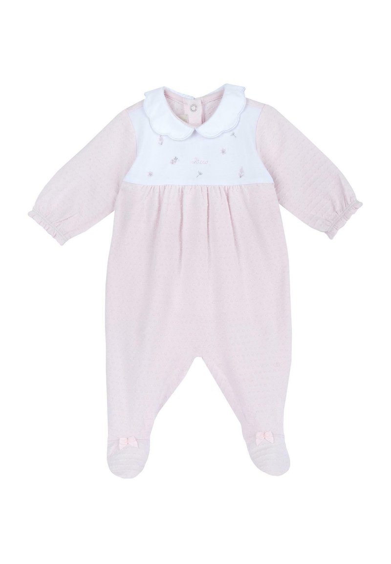 Romper rosa per bambini realizzato in tessuto morbido con colletto bianco. Presenta dettagli ricamati e piccoli fiocchi sui piedi. Maniche lunghe e vestibilità aderente.
