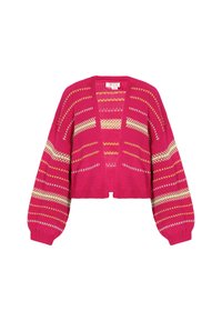 Roze gebreide cropped cardigan met brede mouwen, voorzien van horizontale strepen in geel en wit, en een losse, open voorkant.