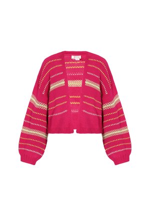 Cardigan scurt tricotat de culoare roz, cu mâneci largi, având dungi orizontale în galben și alb și un design deschis, lejer.