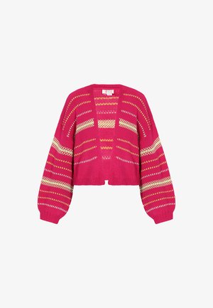 Cardigan scurt tricotat de culoare roz, cu mâneci largi, având dungi orizontale în galben și alb și un design deschis, lejer.