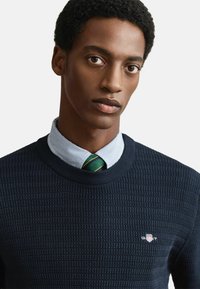 Mladý muž s krátkými kudrnatými vlasy, oblečený v modrém texturovaném svetru přes pruhované tričko a zelenou pruhovanou kravatou na bílém pozadí.