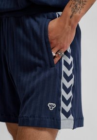 Marinfärgade shorts med vertikal ribbad textur, med en grå sidpanel med ett chevronmönster och en dekorativ logotyp på fållen.