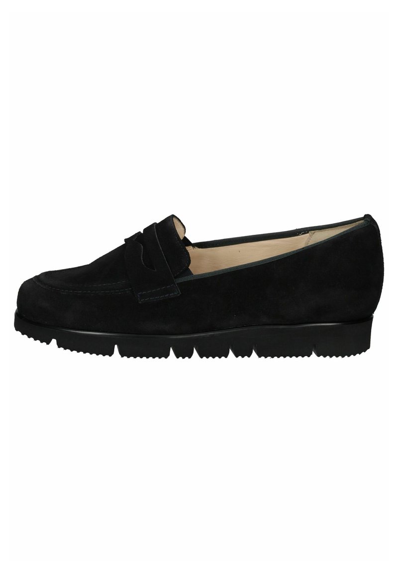 Black suede loafer with a rounded toe, decorative strap across the vamp, and a thick rubber sole featuring a tread pattern.