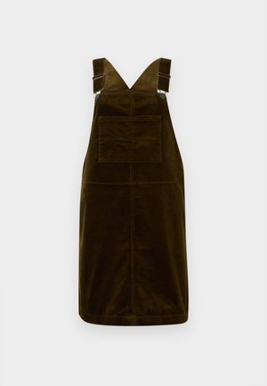 Vestido de pana en verde oscuro, con tirantes ajustables, un bolsillo frontal y un corte recto sin adornos.