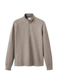 Pullover beige a maniche lunghe con collo a mezza zip e polsini a costine, realizzato in tessuto a maglia.