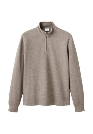 Pulóver beige de manga larga con cuello de media cremallera y puños acanalados, fabricado en tejido de punto.