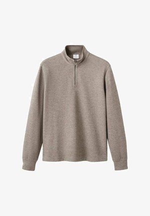 Bež pulover z dolgimi rokavi in polovičnim zadrgo, zaprto ovratnik in rebrastimi manšetami, narejen iz pletenine.