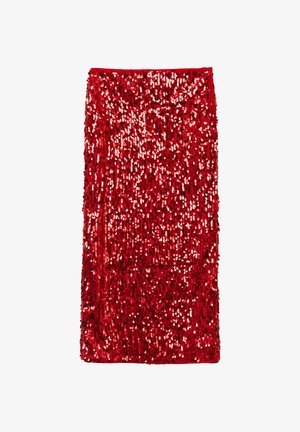Roter Paillettenrock mit taillierter Passform. Die Oberfläche ist mit glänzenden roten Pailletten bedeckt, die das Licht reflektieren und einen strukturierten, funkelnden Effekt erzeugen.