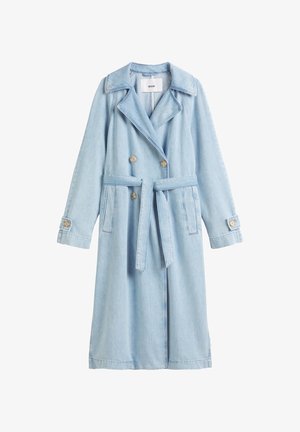 Hemelsblauwe denim trenchcoat met een dubbel-breasted ontwerp, een ceintuur in de taille en grote revers. Beschikt over knoopmanschetten en zijzakken.