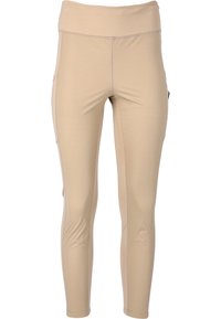 Leggings beiges en tissu extensible avec une large taille, dotés de poches latérales et de détails de couture minimalistes. Texture lisse sur l'ensemble.