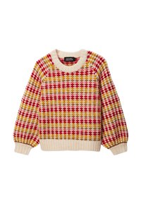 Pull en maille couleur crème, présentant un motif à carreaux multicolores en rouge, jaune et marron. Poignets et ourlet côtelés, col rond.