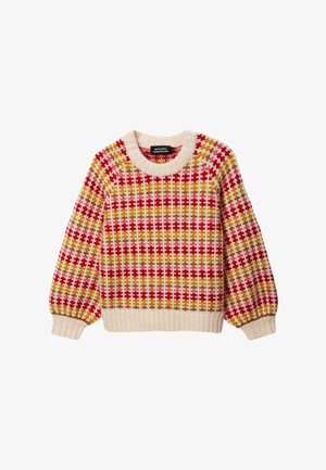 Pull en maille couleur crème, présentant un motif à carreaux multicolores en rouge, jaune et marron. Poignets et ourlet côtelés, col rond.