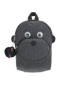 Zaino in denim grigio con un design a forma di faccia di scimmia, caratterizzato da occhi mobili e un portachiavi a forma di gorilla in peluche attaccato.