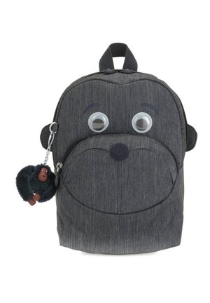 Grå denim ryggsäck med ett design av en apans ansikte, utrustad med rörliga ögon och en plyschgorilla som nyckelringstillbehör.