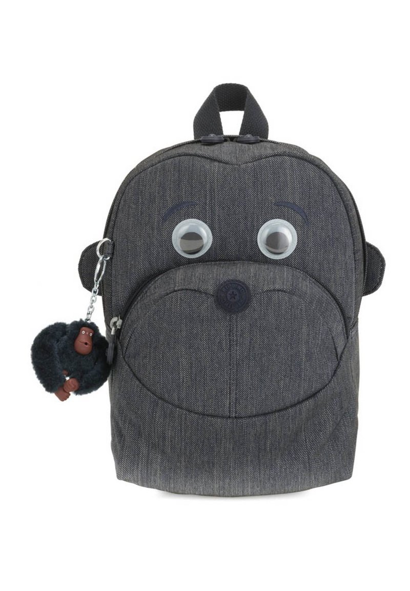 Zaino in denim grigio con un design a forma di faccia di scimmia, caratterizzato da occhi mobili e un portachiavi a forma di gorilla in peluche attaccato.