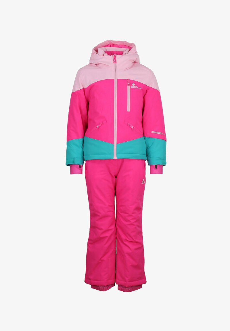 Ensemble de veste et pantalon de ski en rose et bleu-vert, avec une fermeture éclair à l'avant, plusieurs poches et des poignets réglables. Fabriqué en matériau isolant.