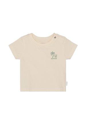 Beige baby T-shirt met korte mouwen, een groene palmboomafbeelding en drukknoopjes op de linkerschouder.