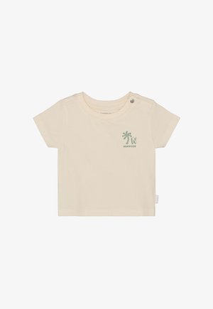 Camiseta beige para bebé con mangas cortas, gráfico de una palmera verde y botones a presión en el hombro izquierdo.